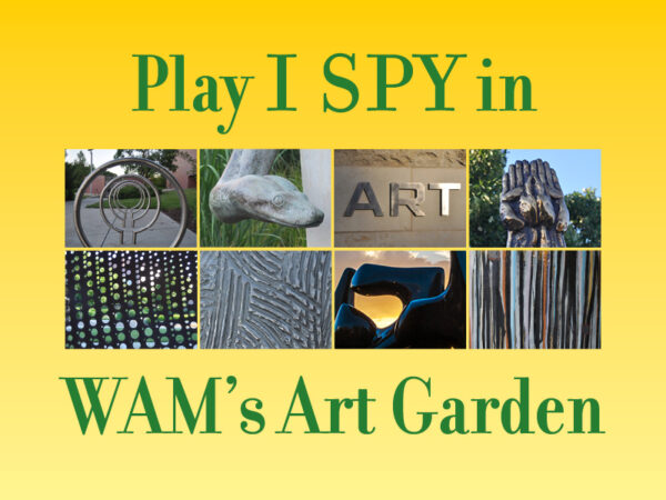 Photos compilation of close-ups of eight sculptures in the Art Garden with words in green on a yellow background