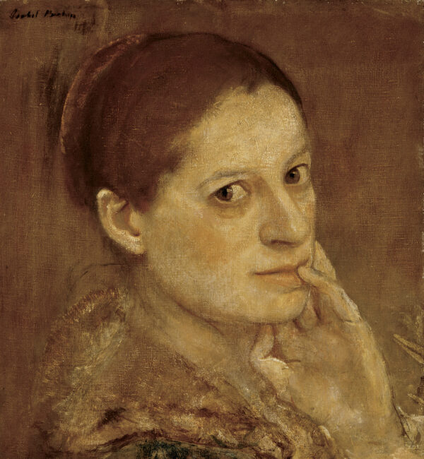 Painting in shades of tan and brown of a woman with her hand on her cheek looking toward the viewer