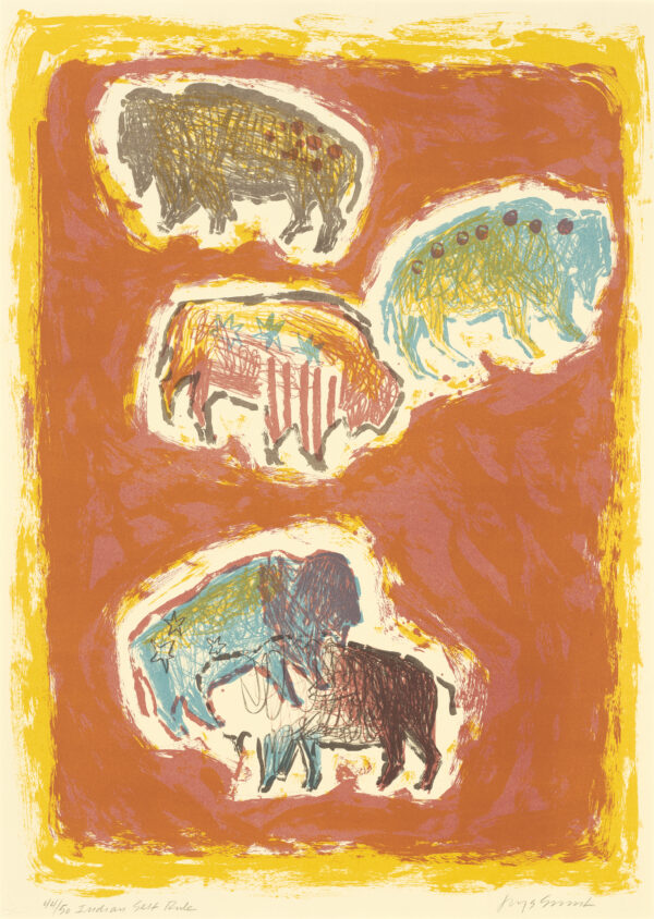 Five bison in multiple colors spread around the page with a red-ish orange background and a yellow border
