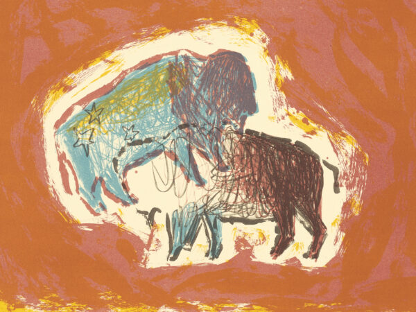 Two bison in multiple colors spread around the page with a red-ish orange background and a yellow border