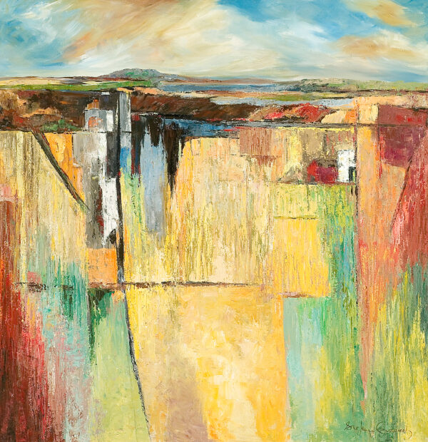 An abstracted landscape with a high horizon line.