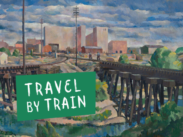 Painting of a landscape with train tracks converging before reaching a city in the background. Green box reading travel by train in lower left corner.