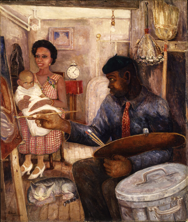 Woman holding a baby on her lap while watching a man paint at an easel