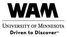 Logo for Weisman Art Museum, three lines of text reading WAM University of Minnesota Driven to Discover