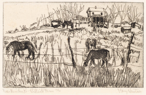 A farm-house is seen in the distance at left and three horses are in the foreground behind a barbed-wire fence.