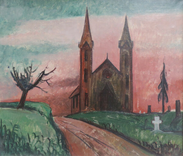 A church with two spires is seen against a sunset of pink. A road rises from the bottom center and a cemetary is to the right.