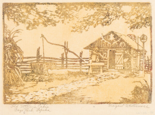 A road leads to a log cabin with antlers above the door. A well to the left of the cabin.