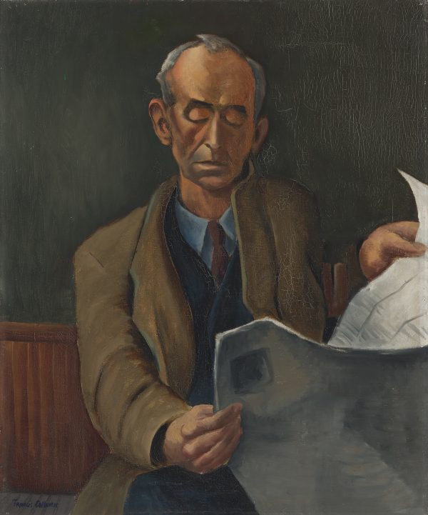 An older man, dressed in a suit and coat, sits in a waiting room. He looks down as he reads a newspaper.