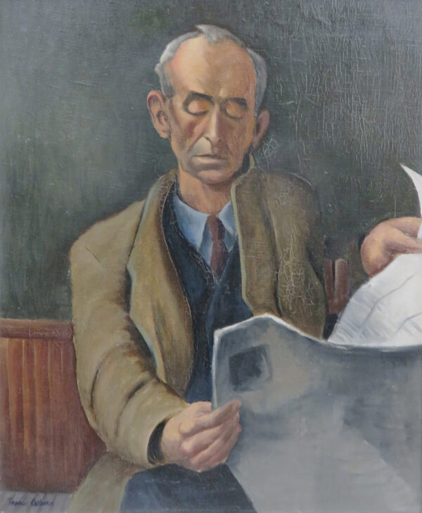 An older man, dressed in a suite and coat, sits in a waiting room. He looks down as he reads a newspaper.