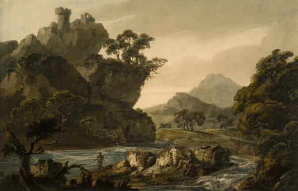 Landscape with castle high on a cliff and river below.