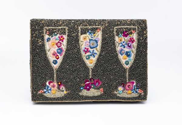 Beaded purse with three wine glasses full of colorful beaded bubble