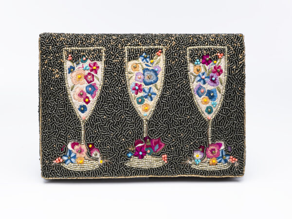 Beaded purse with three wine glasses full of colorful beaded bubble