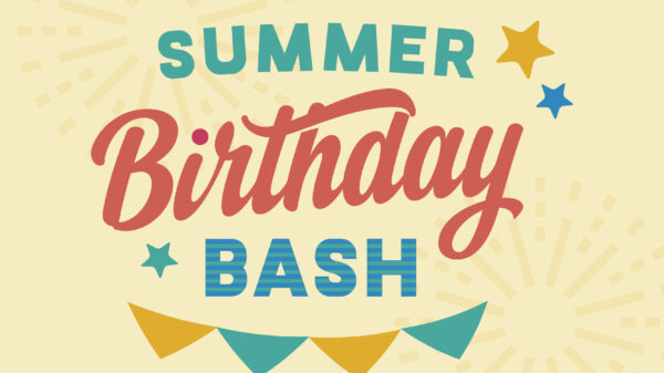 Colorful graphic with blue and yellow stars and the words Summer Birthday Bash in blue and red in the center