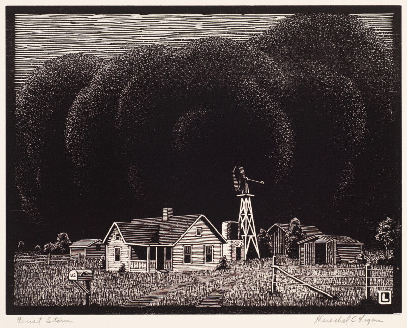Woodcut with black cloud of dust looming over a farmstead with a house, windmill, and outbuildings.
