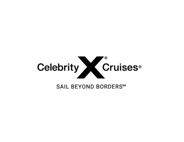 Black and white logo with a large X between text Celebrity Cruises: Sail Beyond Borders