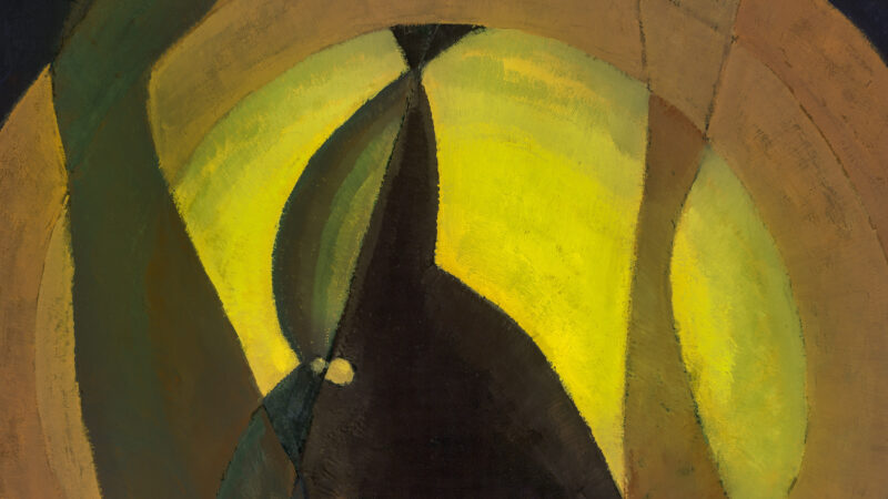 Abstract painting of dark forms against a yellow background