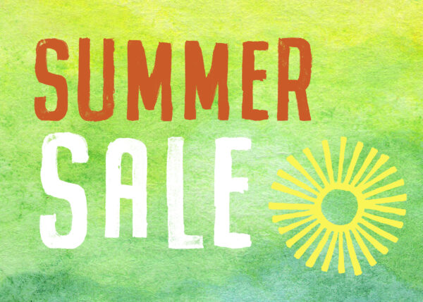 Summer Sale on a yellow and green background with an abstract sun image