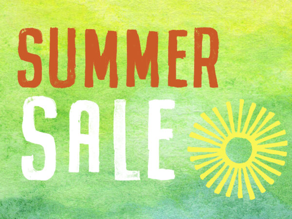 Summer Sale on a yellow and green background with an abstract sun image