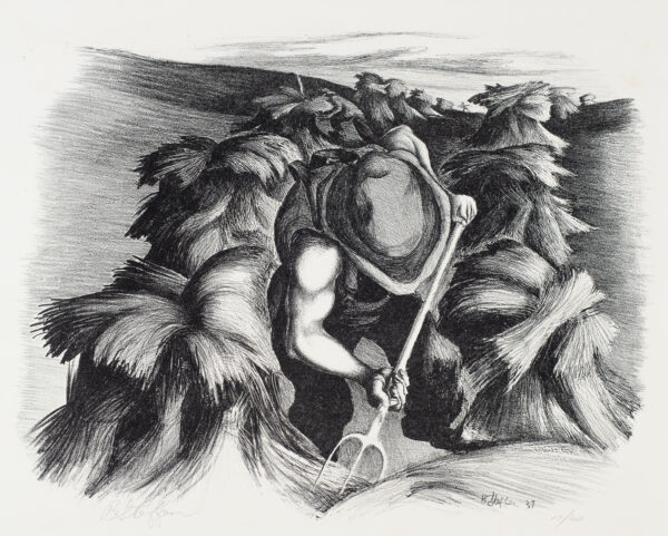 A muscular man wearing a hat bends to use a pitch fork to turn hay. There are hay shocks on both sides of the farmer.