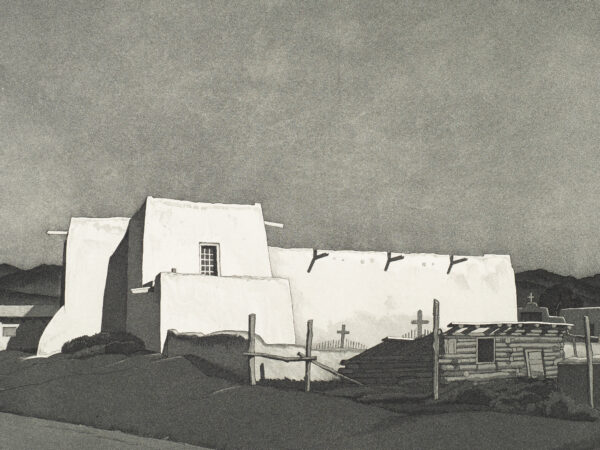 Black and white print of a rectangular adobe building