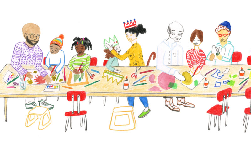 Color illustration of eight people, a mix of adults and kids, sitting at a long, tan table that is covered in art supplies and they are making art