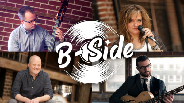 Four images of musicians with a whitewhite graphic with the words b-Side surrounded by representation of a record.
