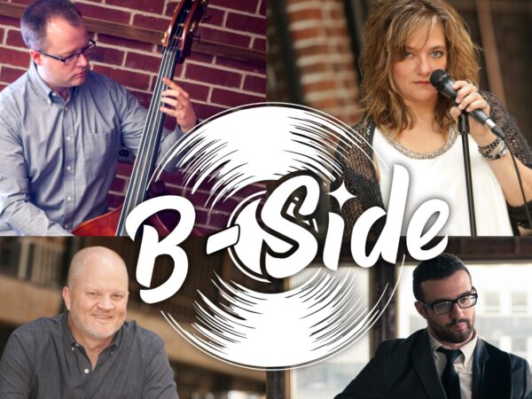 Four images of musicians with a whitewhite graphic with the words b-Side surrounded by representation of a record.