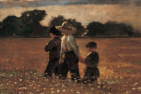 Three children, two in dark clothing and one wearing a straw hat, white shirt and dark pants, are centered in a landscape of wildflowers with white blooms, with a row of trees in the background and blue sky and clouds above