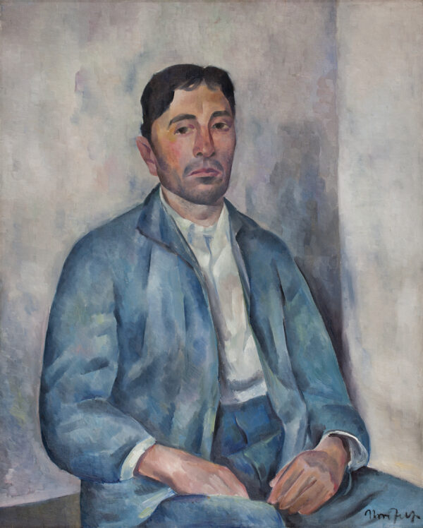 Painting of a white man with dark hair, a white shirt and light blue coat sitting down and looking at the viewer