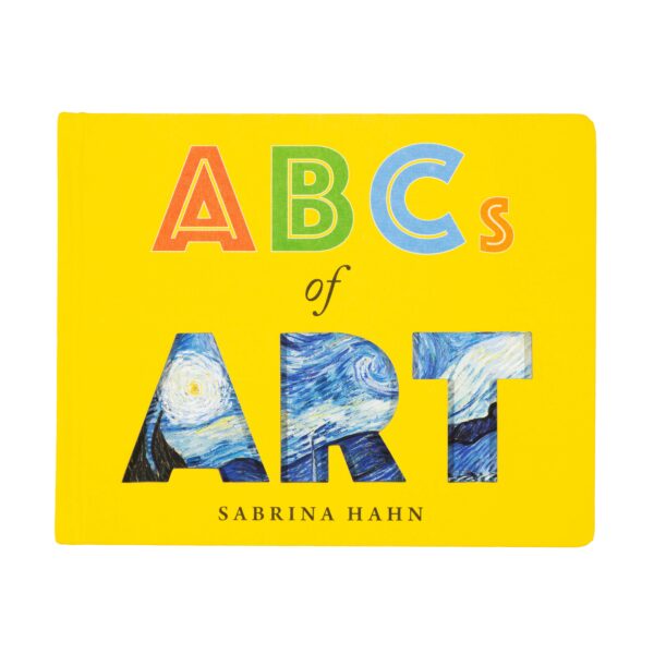 Cover of a book, bright yellow with the title ABCs of Art. Letters making up ABCs are red, green and blue. Block Letters for ART are filled with blue of various artworks.are