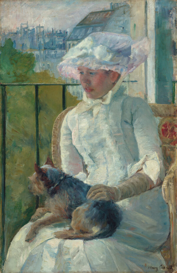 Painting of a young woman in a long white dress and hat holding a brown dog on her lap while she sits on a porch with the river and cityscape behind her