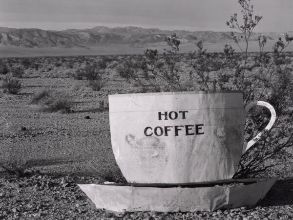 Black and white photograph of a large cup and sauce labeled 