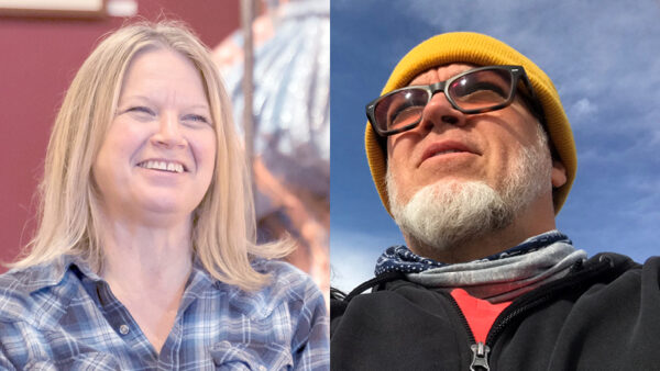 Photo of a white woman with blonde hair and a blue shirt on the left and photo of a white man with a beard, yellow hat and black shirt on the right
