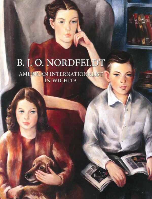 Painting of two girls and one boy looking at the viewer. One girls is wearing a brown dress and jacket, holding a broan dog. One girl is wearing a short-sleve burgundy dress. The boy is wearing a white, button-down shirt and hold a magazine in his lap. There are books on the shelf behind them.