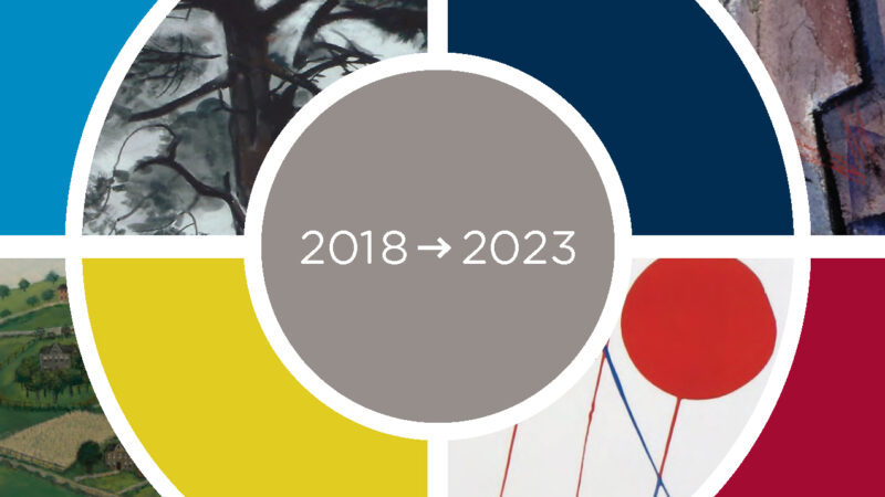 Illustration of a circle with colors and details of paintings inserted into abstract sections with the words 2018 and an arrow pointing right to 2023