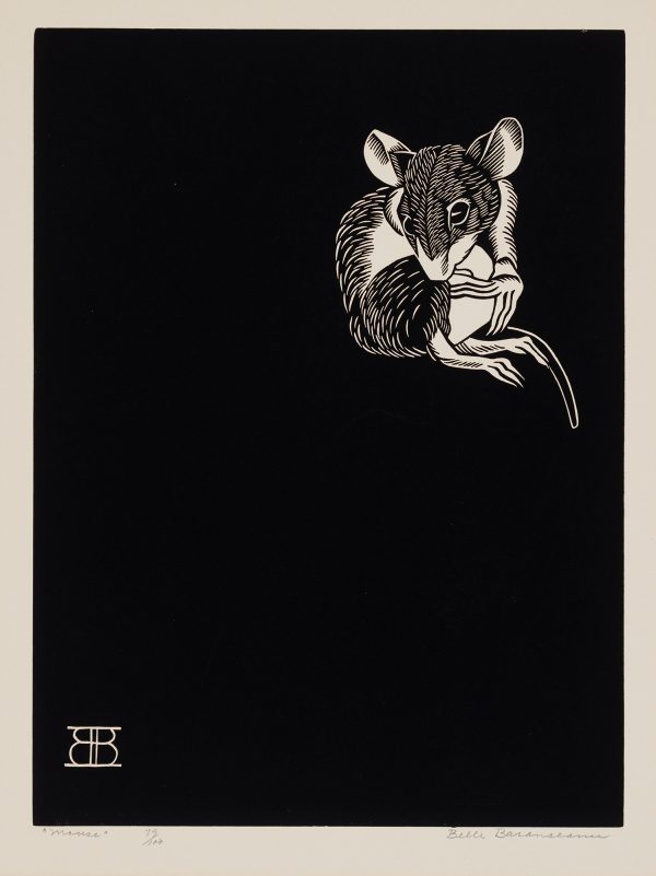 A mouse is sitting on its hind legs, upright. The face is forward, and its nose is touching the top of its back right leg. It is sitting in the top right corner. The artists mark is in the bottom right corner.