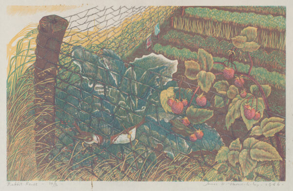 Two birds sit below center, near a rabbit fence that has red berries at the right, and a garden behind.