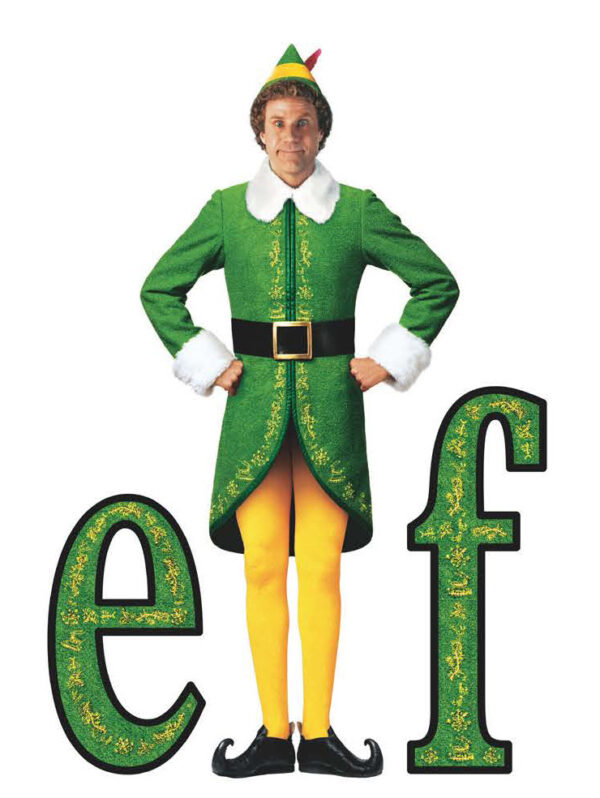 The word Elf in green and gold with a photo of a white man wearing black booties, yellow tights, a green hat and green coat trimmed in white getting ready to sing loud for all to hear