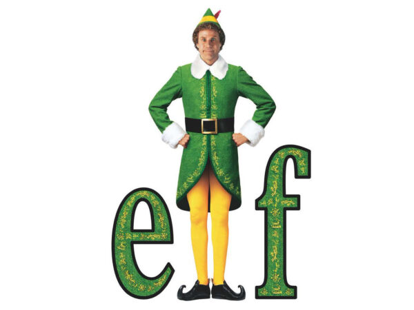 The word Elf in green and gold with a photo of a white man wearing black booties, yellow tights, a green hat and green coat trimmed in white getting ready to sing loud for all to hear