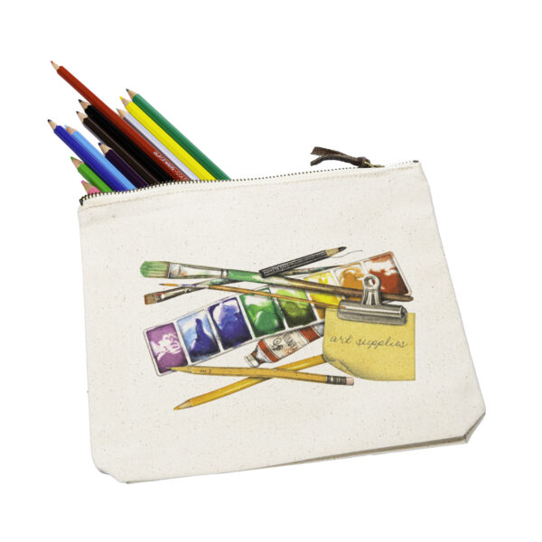 Zippered bag with colored pencils coming out of the top and graphic of art supplies -- pencils, brushes, tube of paint and a series of small images from purple to red.