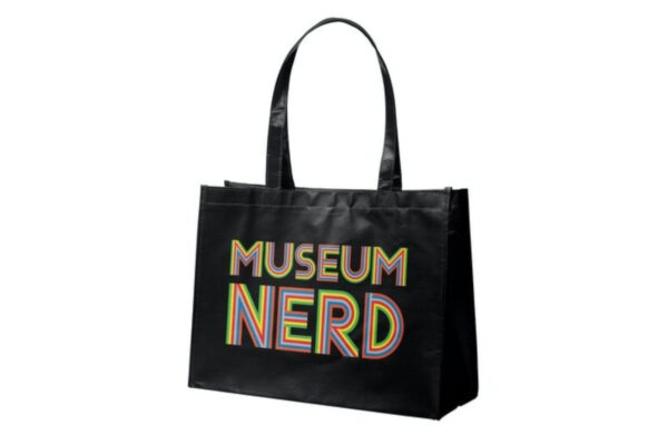 Black tote bag with rainbow text Museum Nerd