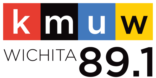 Logo for KMUW: Color blocks, red, black, blue, yellow, with kmuw over a white block with black text Wichita 89.1