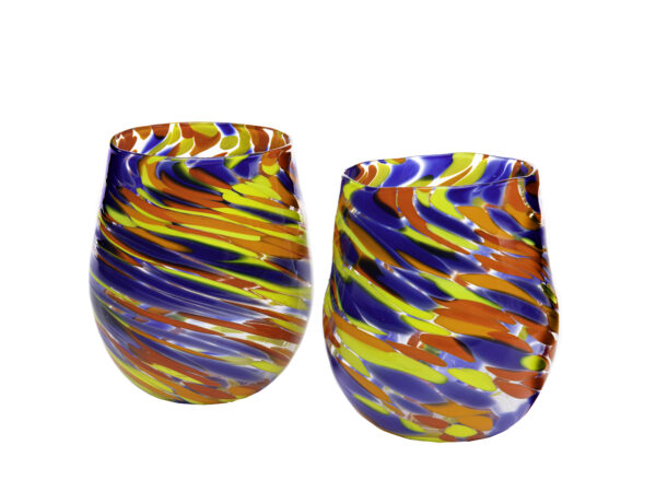 Pair of hand-blown tumblers with streaks of blue, yellow and red-orange