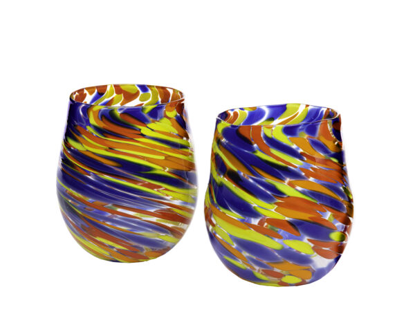 Pair of hand-blown tumblers with streaks of blue, yellow and red-orange