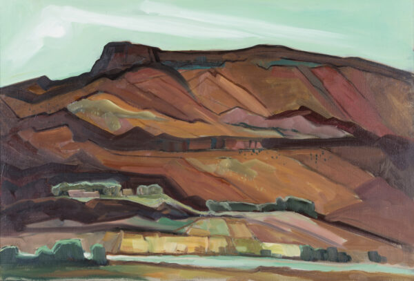 Abstract painting in shades of green, brown and tan of mountains in the background with abstracted hills and a river in the foreground