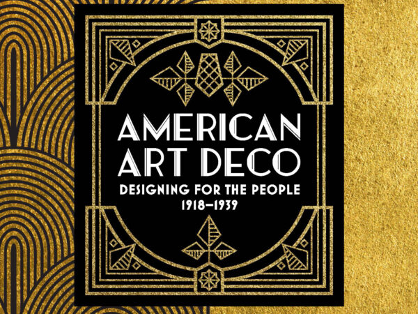 Square logo in black and gold with geometric motifs and text reading American Art Deco: Designing for the People 1918-1939, centered on a black and gold background, with a geometic pattern on the left half of the image, and gold stone-like pattern on the right half. on