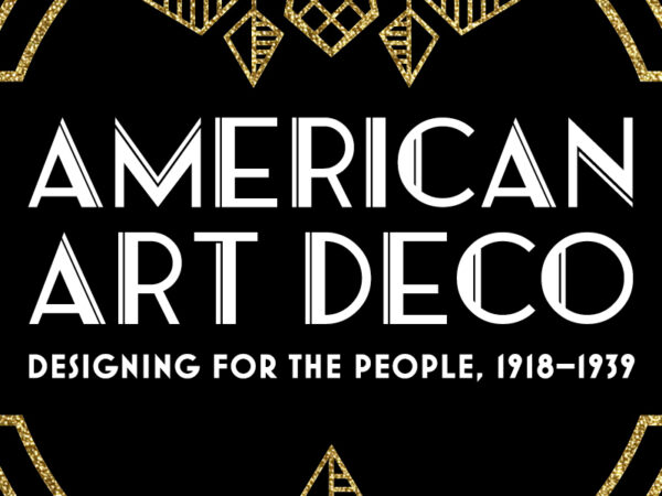 Graphic treatment of the words American Art Deco Designing for the People 1918-1939 in white lettering surrounded by gold accents