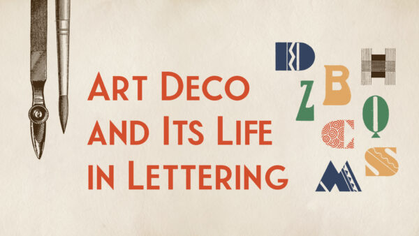 Graphic with a tool and paintbrush on the left and art deco-inspired letters on the left and the text Art Deco and its life in lettering in red in the center