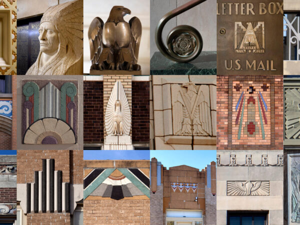 Photo grid of 18 square photos showing Art Deco imagery and graphics on buildings in Wichita, Kansas