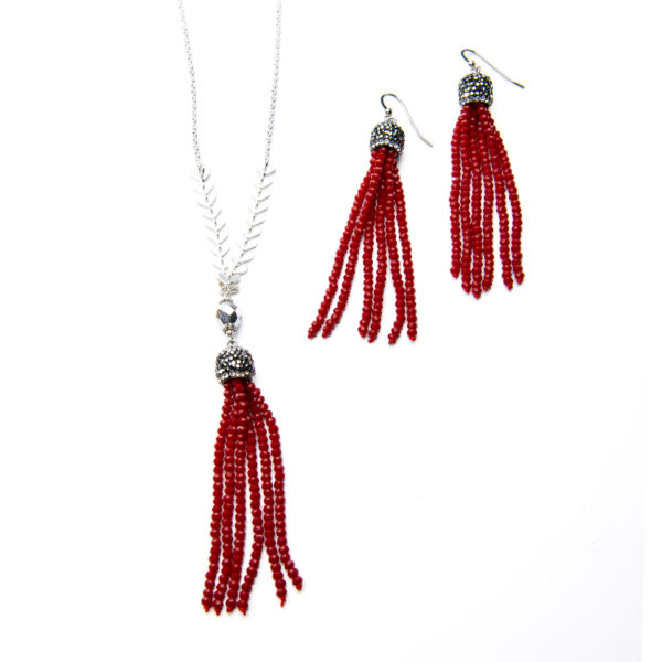 Necklace and earrings featuring a red beaded tassel design on silver findings